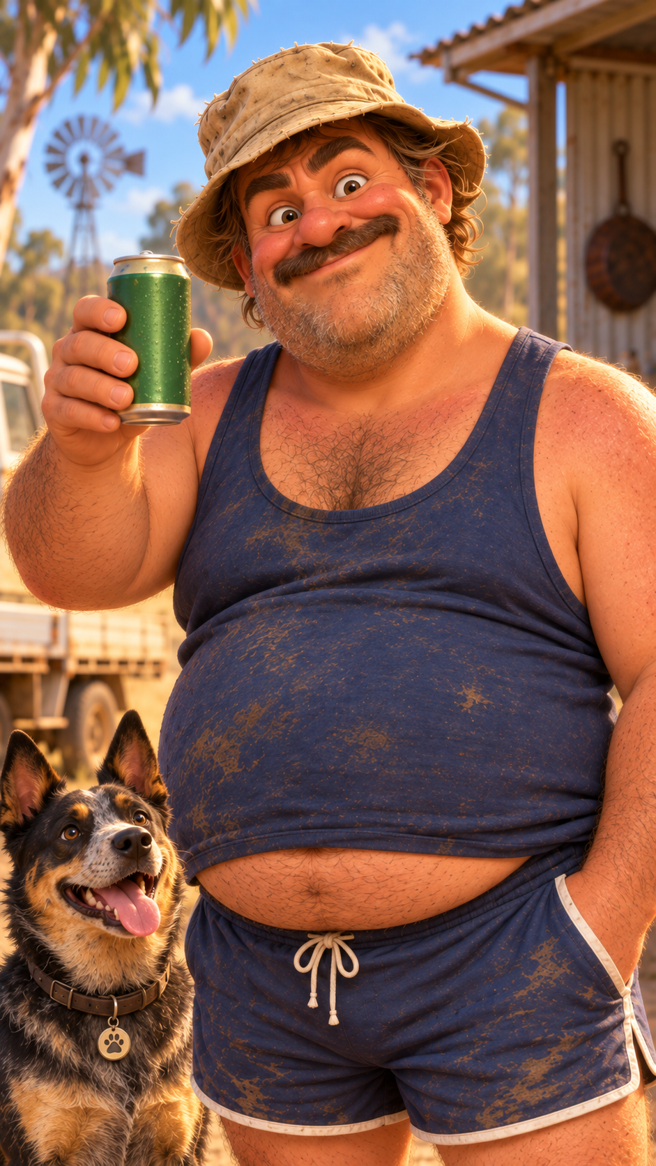 Big Trev raising a can beside the barbecue
